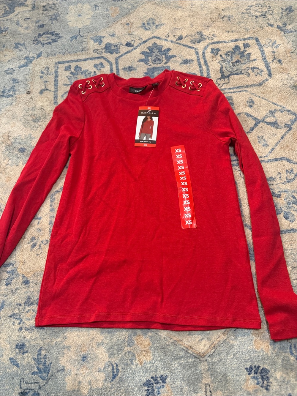 Rafaella Red Long-Sleeve Lace-Up Shoulder Top